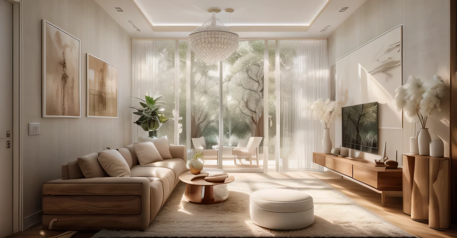 minimalist livingroom interior design, wood floor, rug, luxurious sofa, glass window, glass door, lamp, picture frame, wooden cabinet, white curtain, white ceiling, (masterpiece), realistic, high quality, softlight, natural contrast, scenery,(luxury), stucco wall, vivid colour, sunset lighting, background forest