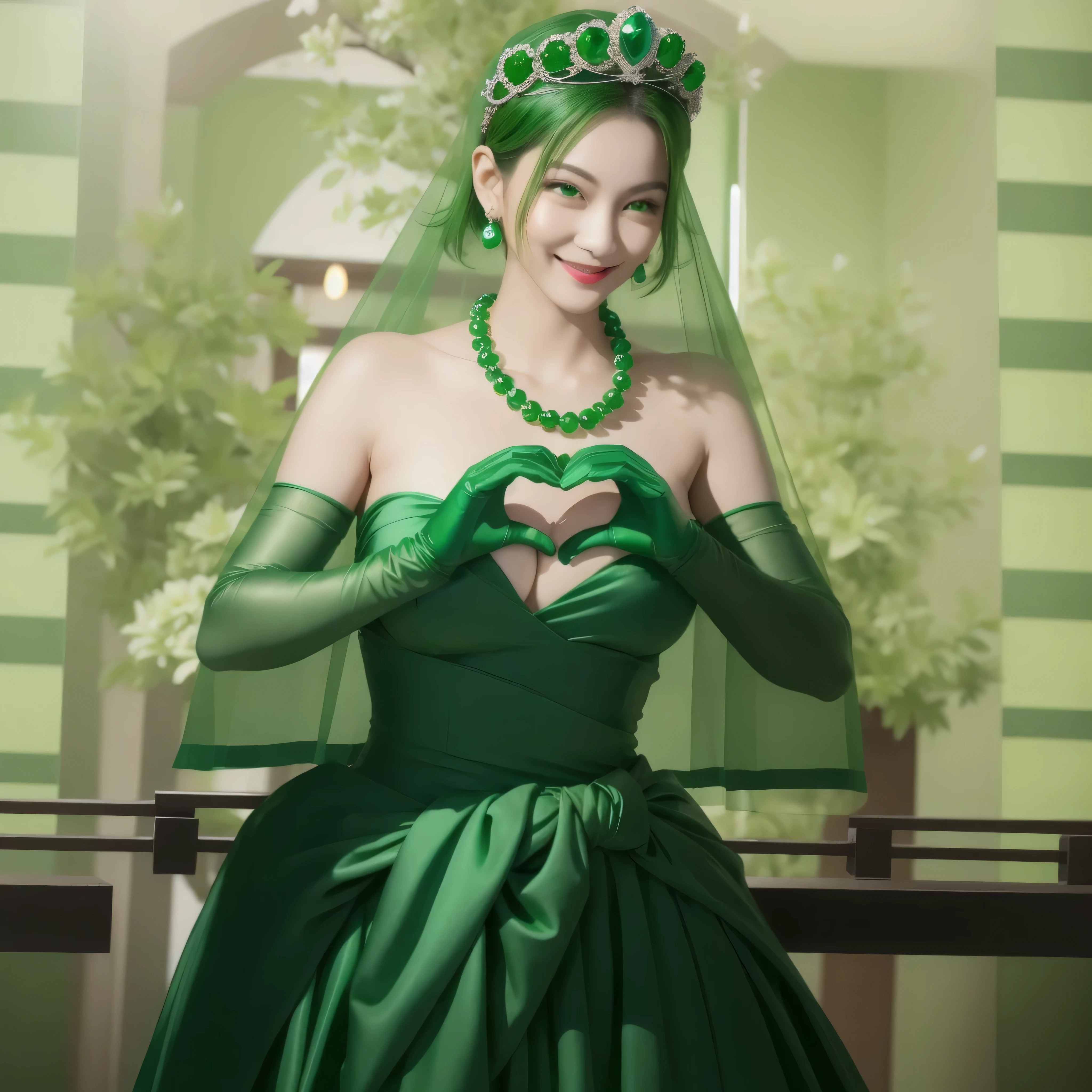 emerald tiara, green pearl necklace, boyish very short green hair, Green Lips, smiling Japanese woman, very short hair, Beautiful woman with big breasts, green eyes, Green satin gloves, green eyes, emerald earrings, green veil, Heart with both hands, green hair, beautiful japanese woman, Heart shaped hands:1.3, green lip gloss