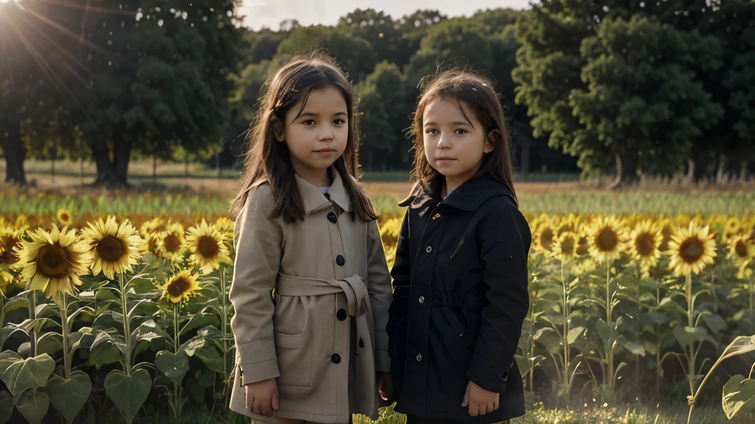 2-4 children in a field of a sunflowers, in a front of it, winter cloth, 15 meters camera distance, hot weather, sun shafts, sun is not visible, grass in the front, trees on the background,