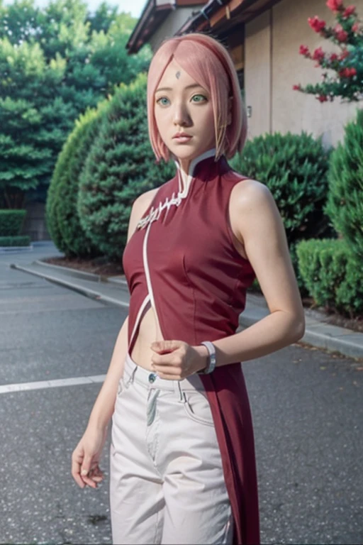 Real life adaption of this character,Asian teen beauty , realistic same hair, realistic outfit, realistic light, realistic shadow, hyper realistic, realism, realistic background,(photorealistic:1.2),green eyes color. Sakura / Sakura Haruno (Sakura Haruno) / [Boruto: Naruto Next Generation,1girl ,white pants ,best quality ,ultra Higd ,detail realistic ,sceneHDR pro, background at house