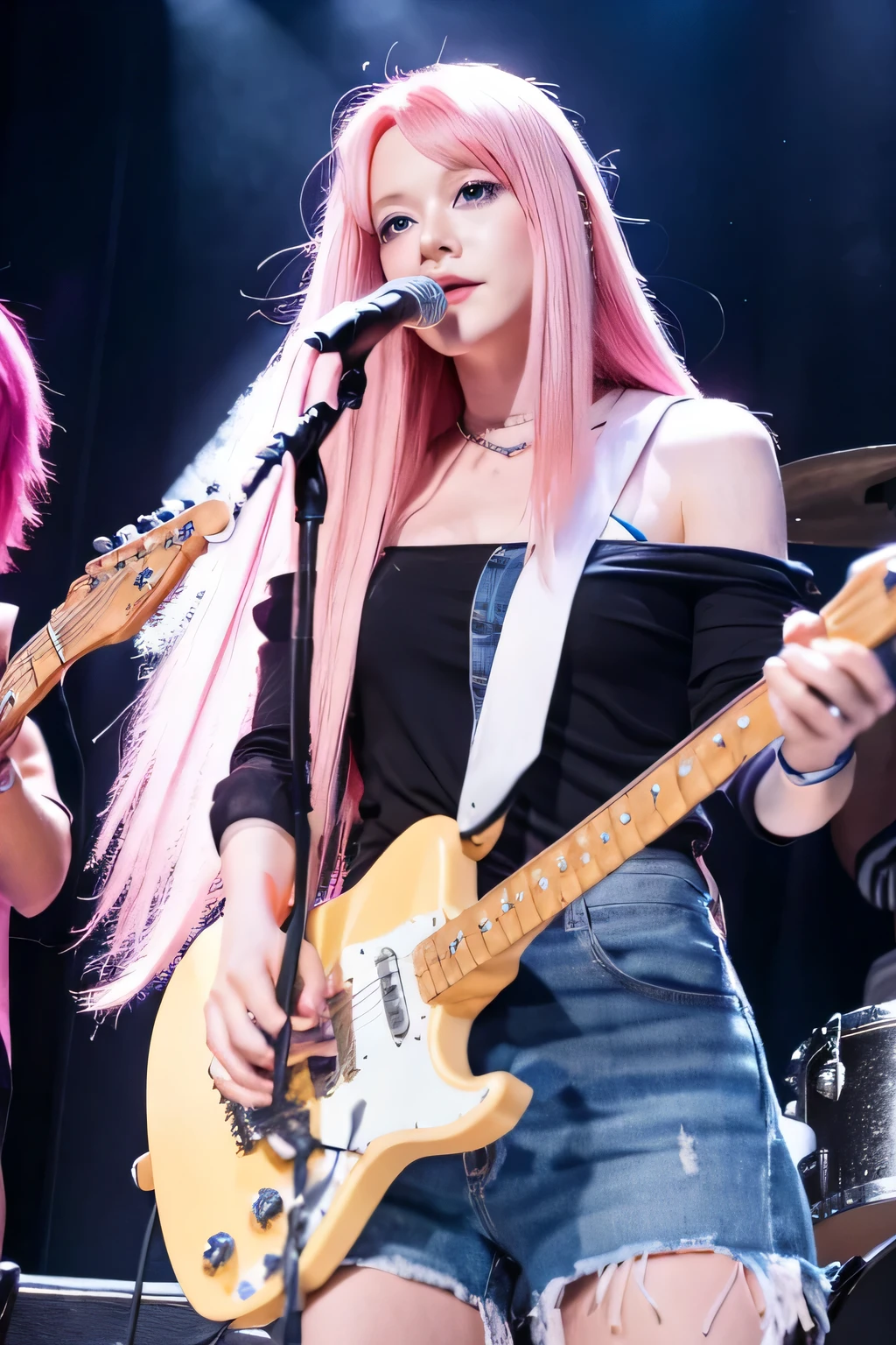 pink hair　guitar　girl　long hair　blue eyes