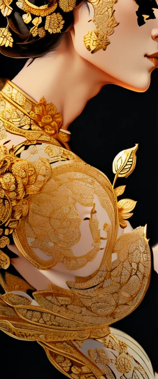 (Gold leaf art:1.5)，((masterpiece, highest quality, Highest image quality, High resolution)), ((Extremely detailed CG unified 8k wallpaper)), a black and gold painting of a moon goddess with lotus flowers, (intricate classic art, Monochrome, black and gold only, woodblock print:1.8), gracefully upon a lotus, thailand art, moon goddess, wood block print, a stunning portrait of a goddess, with lotus flowers, goddess art, goddess of love and peace, contented female bodhisattva, dmt goddess, sacred feminine, goddess of the hunt and the moon, (Gold Leaf Art:1.5),