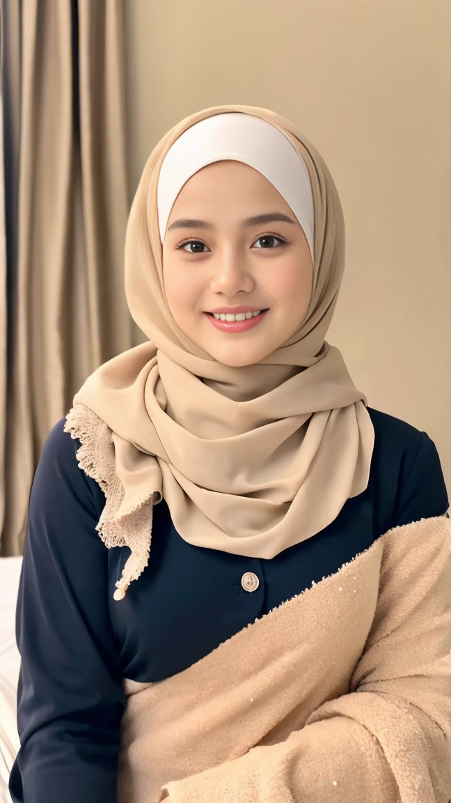 Selfie taken, See full body, luxury details, 8k, natural, realistic, amazing shots, ULTRA HD,
1 girl, 18 years old, smooth white face, white skin, smailing, neat white teeth, big breasts, wearing a long white hijab covering the body, with decorations on the hijab, Muslim clothes for worship, beautiful face, beautiful black face, cute, curly eyelashes, beautiful eyes , sweet smile, sitting on the bed, Indonesian Muslim, realistic, atmosphere in the room,