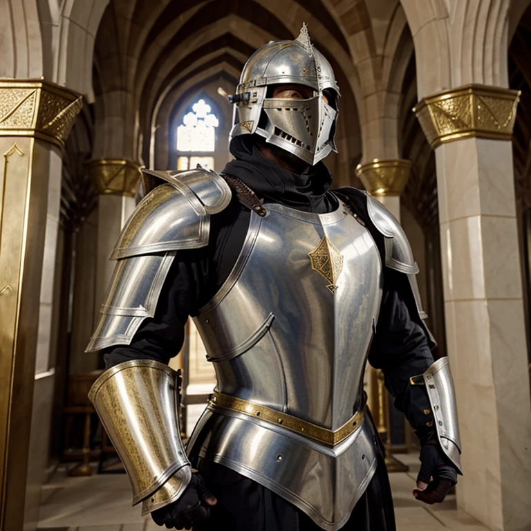 Heavily armored knight, masterpiece, medieval, detailed armor, fantastic armor, golden armor, in a mosque