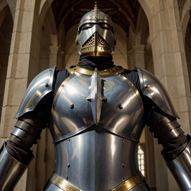 Heavily armored knight, masterpiece, medieval, detailed armor, fantastic armor, golden armor, in a mosque