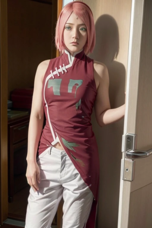 Real life adaption of this character,Asian teen beauty , realistic same hair, realistic outfit, realistic light, realistic shadow, hyper realistic, realism, realistic background,(photorealistic:1.2),green eyes color. Sakura / Sakura Haruno (Sakura Haruno) / [Boruto: Naruto Next Generation,1girl ,white pants ,best quality ,ultra Higd ,detail realistic ,sceneHDR pro, background at rest room