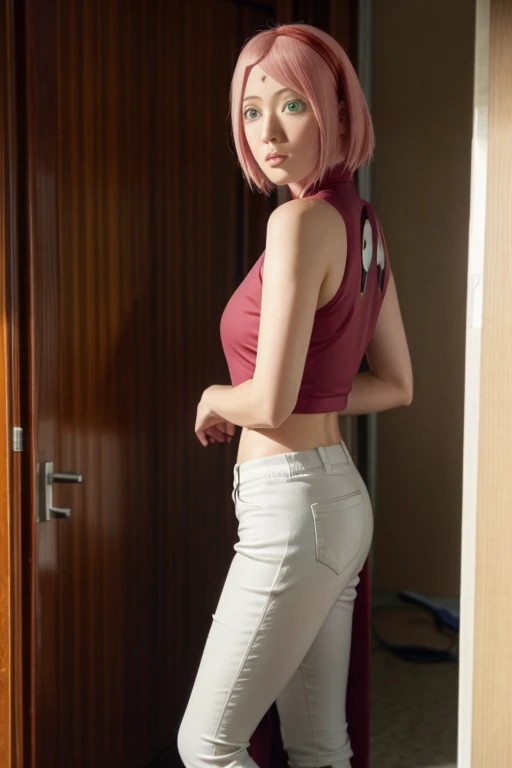 Real life adaption of this character,Asian teen beauty , realistic same hair, realistic outfit, realistic light, realistic shadow, hyper realistic, realism, realistic background,(photorealistic:1.2),green eyes color. Sakura / Sakura Haruno (Sakura Haruno) / [Boruto: Naruto Next Generation,1girl ,white pants ,best quality ,ultra Higd ,detail realistic ,sceneHDR pro, background at rest room