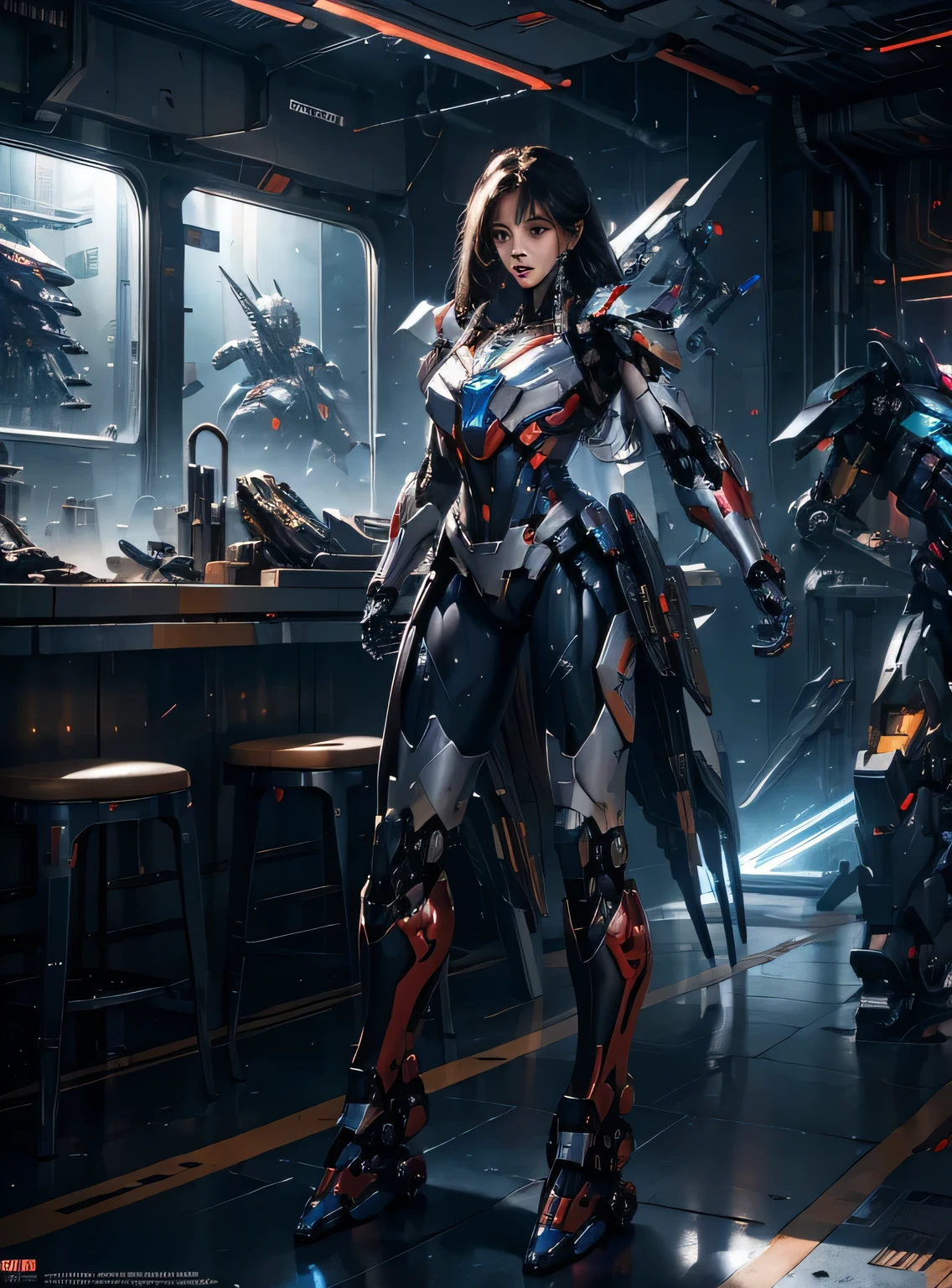 rough skin, Super detailed, advanced details, high quality, better quality, High resolution, 1080P, hard disk, beautiful,(Iron Patriot),beautiful cyborg woman,Mecha cyborg ,battle mode, With mechanical body,She wears a futuristic Iron Patriot mech,full body shot