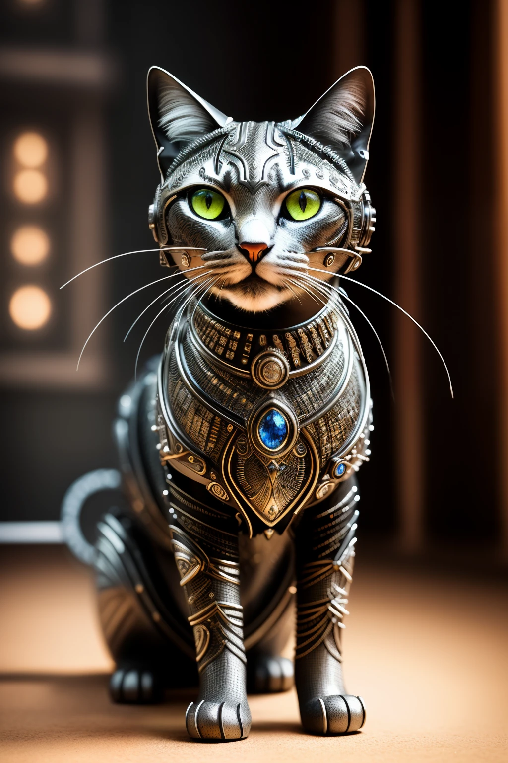 A captivating metal sculpture of a feline cat, (cyborg: 1.2), intricately designed details, (detailed wires: 1.3), creating a lifelike yet otherworldly appearance. Masterpiece, captured in best quality with ultra high resolution for maximum detail, showcasing every curve and line of this stunning creation. The cat's expressive, large, sapphire eyes add depth to the artwork, enhancing its allure. HDR lighting brings out the intricacies of the metal texture, while cinematic shadows create a captivating vignette. This metal cat is a must-see masterpiece.