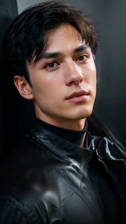 Young Bruce Wayne man with neat short black hair, , Black T-shirt, in dark room.original photo、best quality、Masterpiece:1.2)、super detailed、super resolution、(Photo realism:1.3)、Draw light and shadow clearly、High-resolution RAW color photos