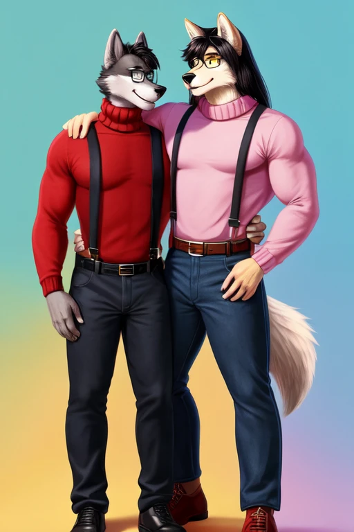 Furry, anthropomorphic wolf, light gray fur, yellow eyes, black hair, wearing glasses, 6'4 and 192 lbs, 43" chest, 19" shoulders, 14" biceps, 33" waist, 23" thighs, 15" calves, 18" back, thirty years old, in their prime, wearing brown sweater, turtleneck sweater, wearing black suspenders, wearing blue jeans, wearing red leather belt, wearing black shoes, soft colors, vivid colors, pastel colors, soft shading