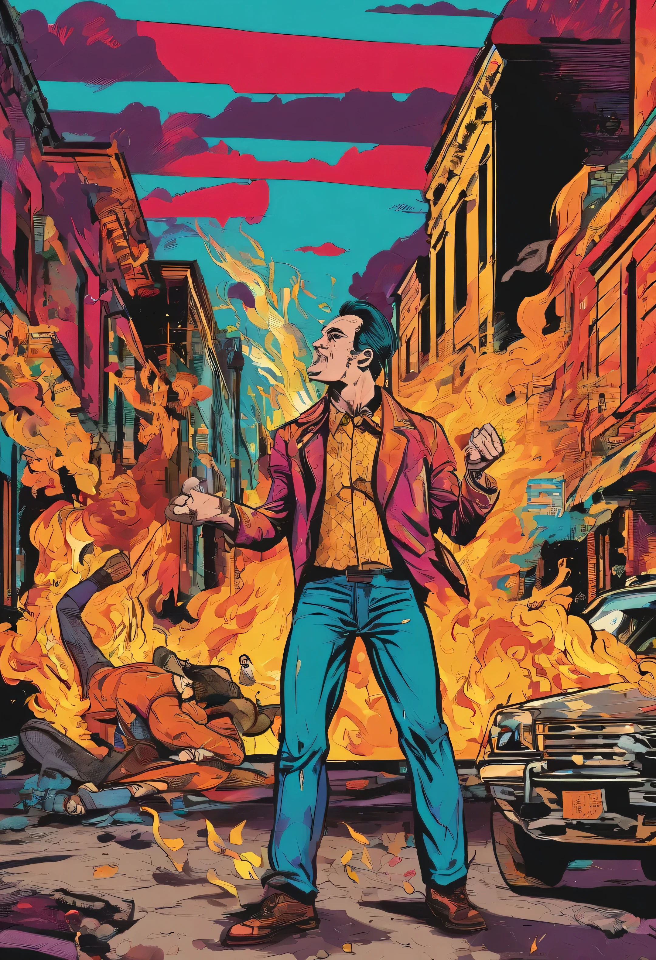 Image of a man after a fight knocking out 5 people on the asphalt road in a battered position with a resolution of 1080x1920 pixels showing a man who is happy because he won a fight, holding a chain, burning a cigar, smoking smoke, fire in the background, sharp details and bright colors as well as a background image dark.