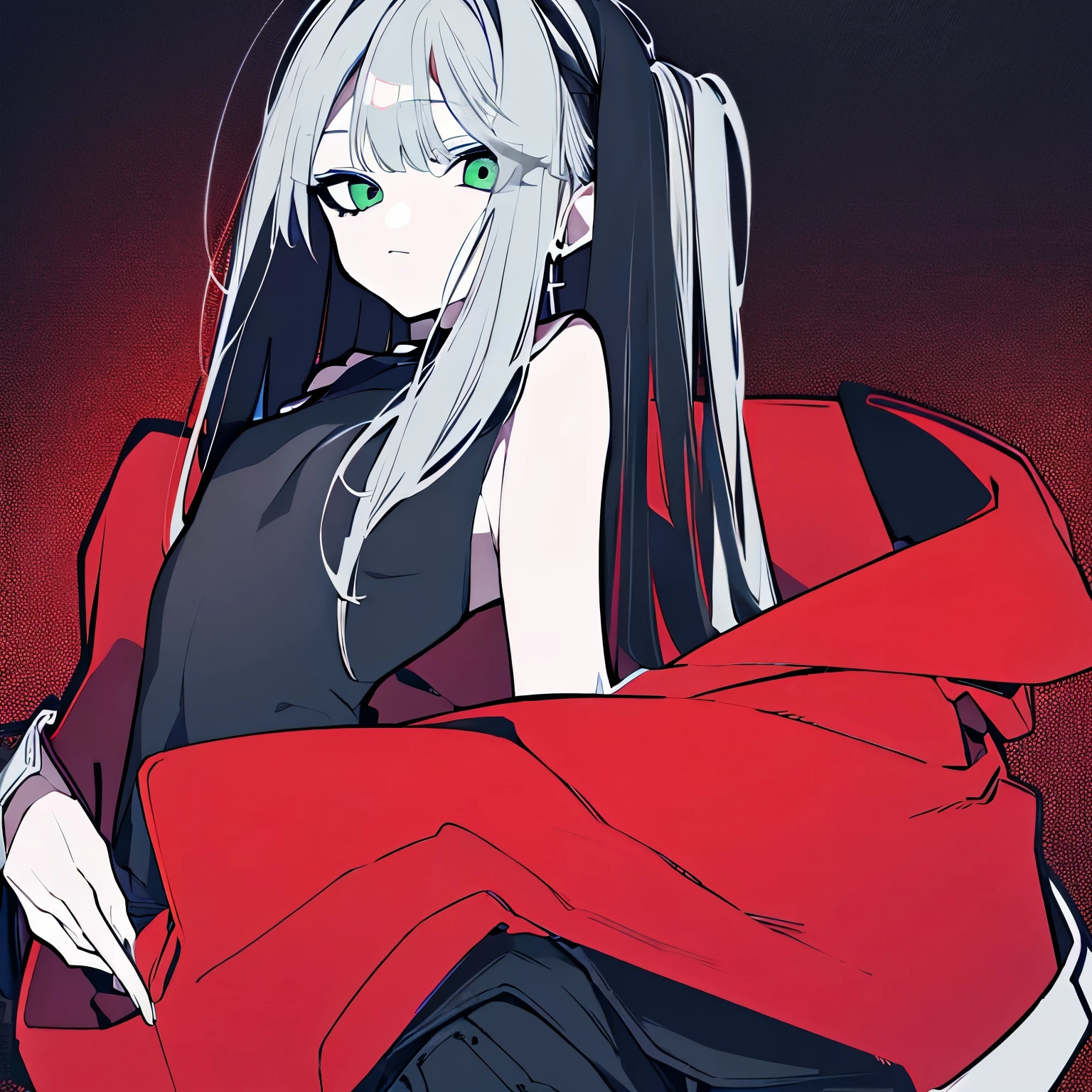 masterpiece, better quality, original_Clothes装, 1 boy, alone, pale skin_woman, 黒hair, green eyes,slacks, upon_motorcycle, logo, gloves, floating_hair, toy, off_shoulder, abdomen, multicolored_hair, just_shoulderrs, Helmet_It was deleted, Open_Clothes, cross_earrings, jewelry, lupong_sleeve, no expressiupon, red_background, muponocromatic,