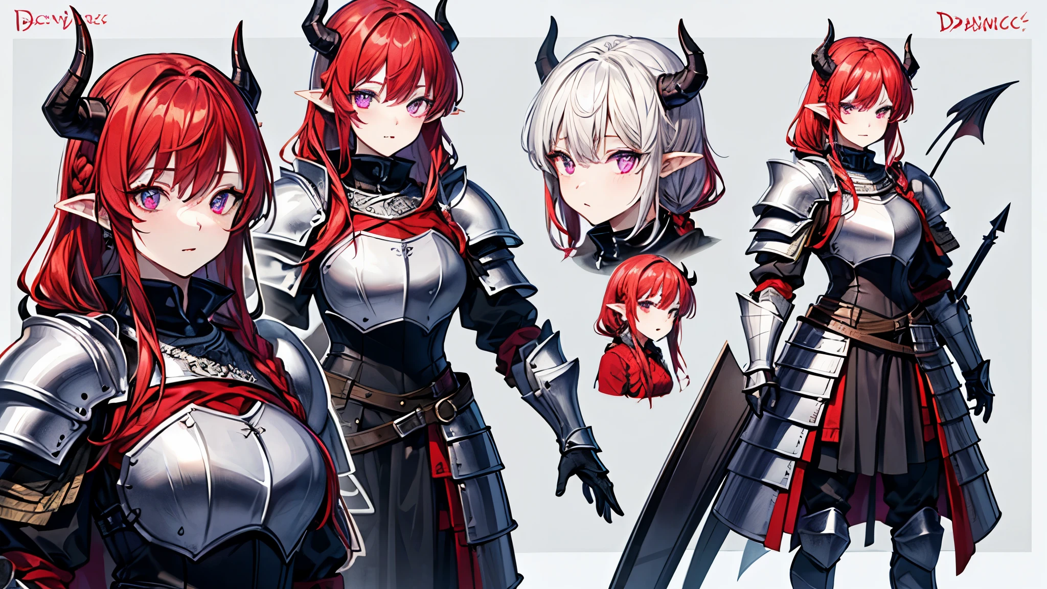 (Masterpiece, best quality), detailed, character sheet, many items (the same person, medieval royal armor, demonic heavy armor, fullplate armor, many parts), athletic, busty, demon, demon girl, detailed beautiful purple eyes, detailed face, pointy ears, red hair and white skin, braided ponytail, demon horns, full of details.