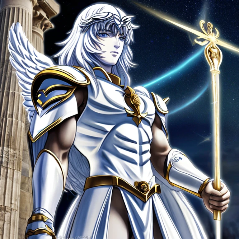 anime character、Saint Seiya、Pegasus Seiya、male、Parthenon temple、night sky、white armor、cross、winged helmet、clear eyes、Red clothes、High resolution、masterpiece、Short Beard