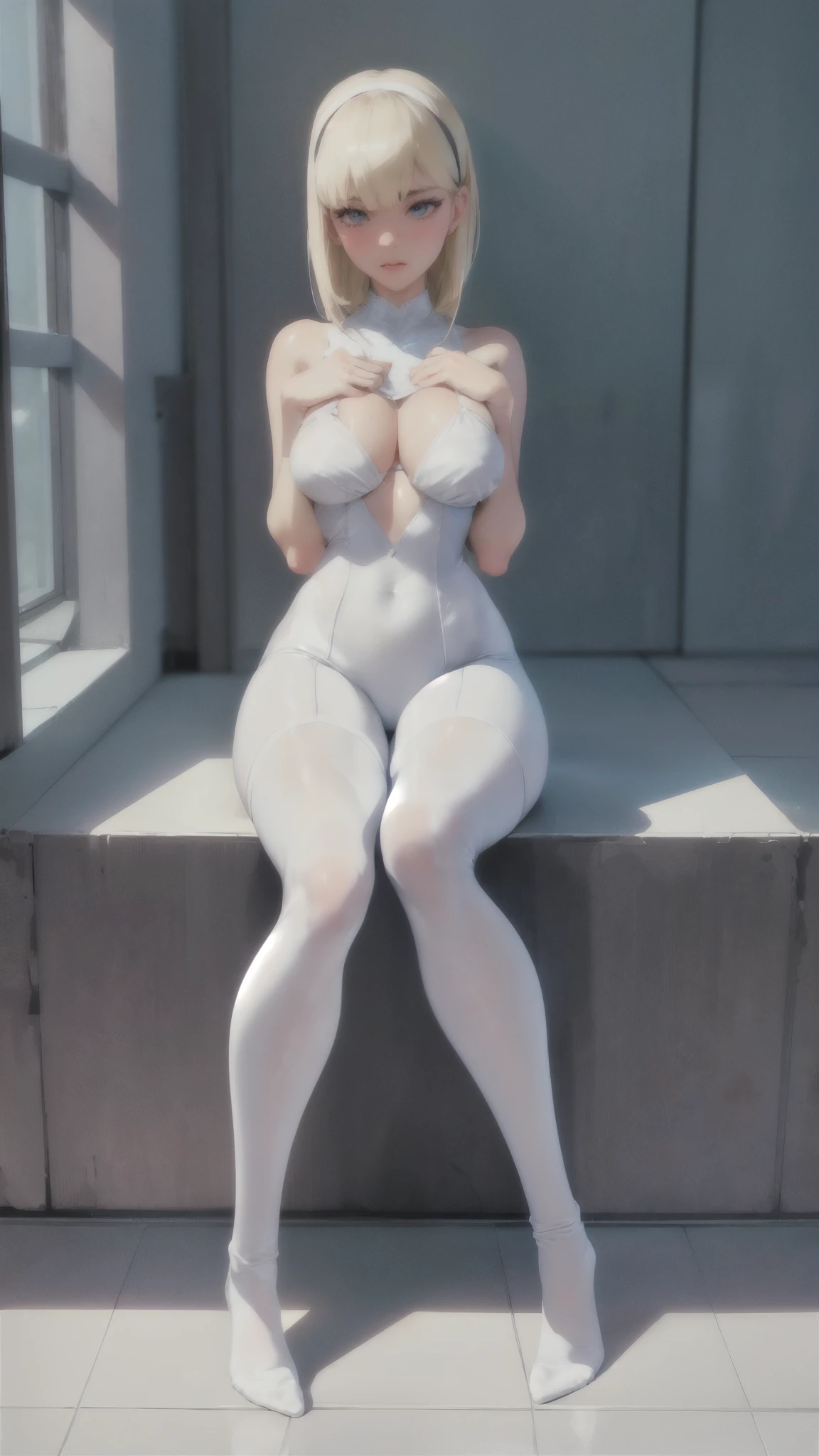 realistic, Gwen Stacy, full body view, ass view, sitting on white floor, white room backgroud, sexy, erotic, lewd, white bra, white pantyhose, legs together, (legs to chest:1.5), cute face, perfect face, detailed face, detailed eyes, hd, hdr, best quality, lots of details, ultra sharp, ultra detailed, colorful