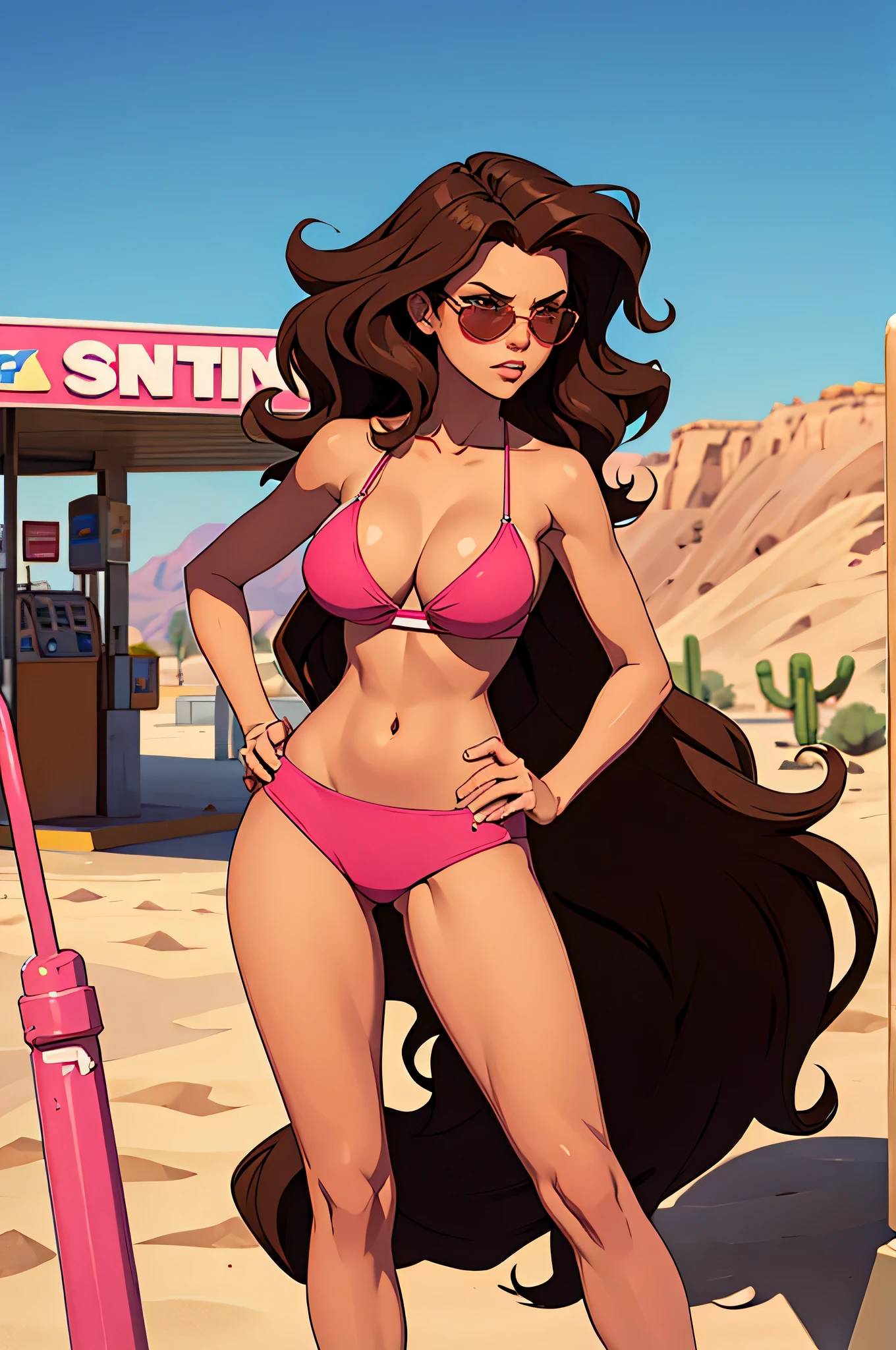 1 woman, wavy brown hair, sunglasses , sly face , pink bikini , abdomen, big breasts , Long legs , stand on your hips , gas station , desert