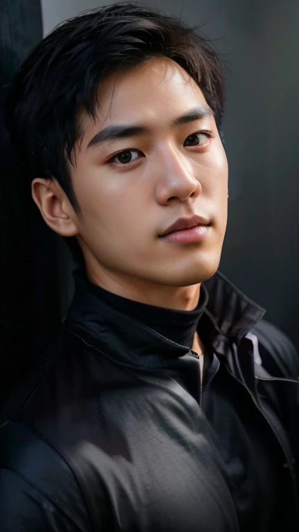 young japanese man.28 years old. neat short black hair, , Black T-shirt, in dark room.original photo、best quality、Masterpiece:1.2)、super detailed、super resolution、(Photo realism:1.3)、Draw light and shadow clearly、High-resolution RAW color photos