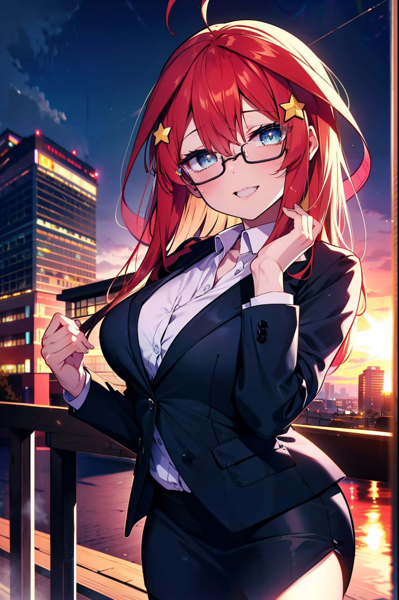 itsukinakano, itsuki nakano, bangs, blue eyes, hair between eyes, Ahoge, redhead, star \(symbol\), hair ornaments, star hair ornaments,happy smile, smile, open your mouth,OL, Akagi glasses,black suit jacket, collared jacket, white dress shirt, collared shirt, neckline, button, strap, ID card on neck, black pencil skirt, black pantyhose, stiletto heels,whole bodyがイラストに入るように,evening,sunset,The sun is setting,
break outdoors, In town,building street,
break looking at viewer, whole body,
break (masterpiece:1.2), highest quality, High resolution, unity 8k wallpaper, (figure:0.8), (detailed and beautiful eyes:1.6), highly detailed face, perfect lighting, Very detailed CG, (perfect hands, perfect anatomy),