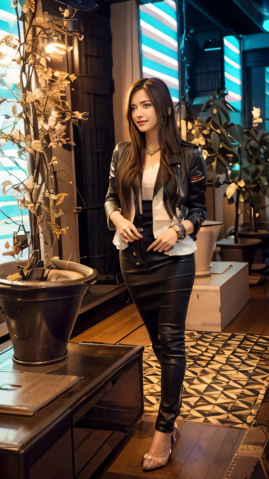 (Masterpiece:1.3, Best quality, Photorealistic, Ultra-detailed, finely detailed, high resolution, 8K wallpaper), 1 beautiful girl, Lead singer of the band group, In a leather jacket, Sing with an electric guitar, standing microphones, Mouth open, Beautiful face, Detailed face, Beautiful eyes, Detailed eyes, Smiling, Earrings, necklace, Detailed guitar, (Straight guitar neck and strings), Medium length light brown hair, be on stage, spotlight, Look at the viewer
