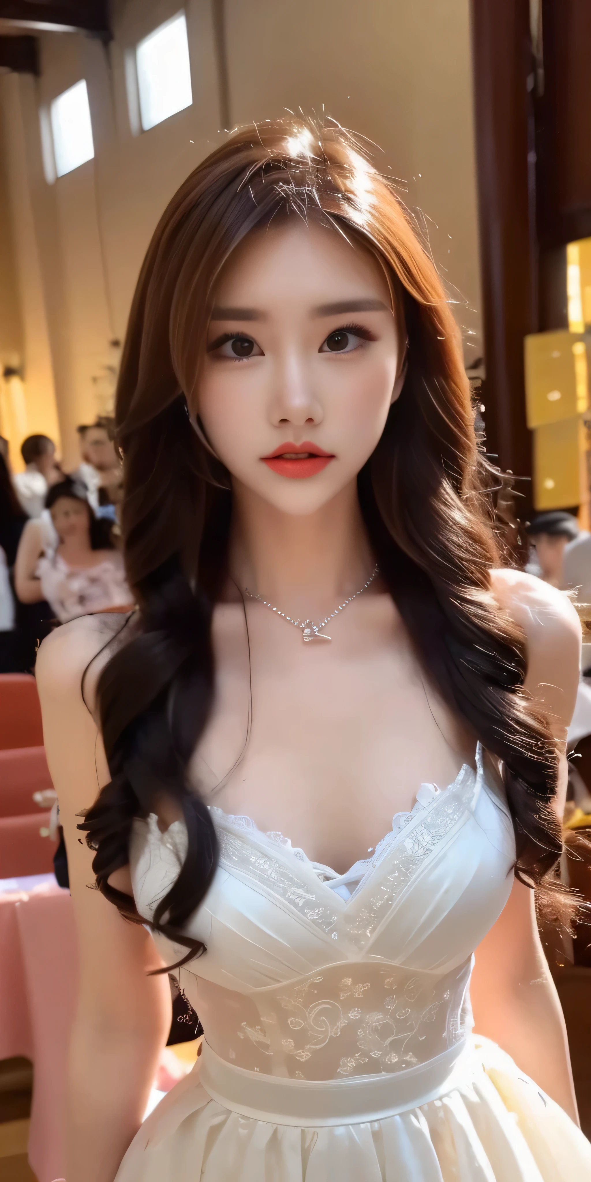 table top,1 girl,(mature woman:0.5),tall body,golden ratio,(K-POP idol),(shiny skin:1.2),(oil skin:1.1),compensate,(close),(church background),Depth of bounds written,(closed mouth:0.5),((curly hair、curly hair、brown hair)),(puffy eyes),(eyelash:1.1),(parted lips:1.1),red lipstick,fantasy art style, whole bodyエスビアン, dreamy lights,(lace wedding dresses:1.2),whole body,(Dreamy hair ornament:1.1),(evening:1.2),princess shoes,(diamond necklace),(crystal hairpin),Tyndall effect,High resolution, big breasts, slim waist, perfect body, perfect breasts,