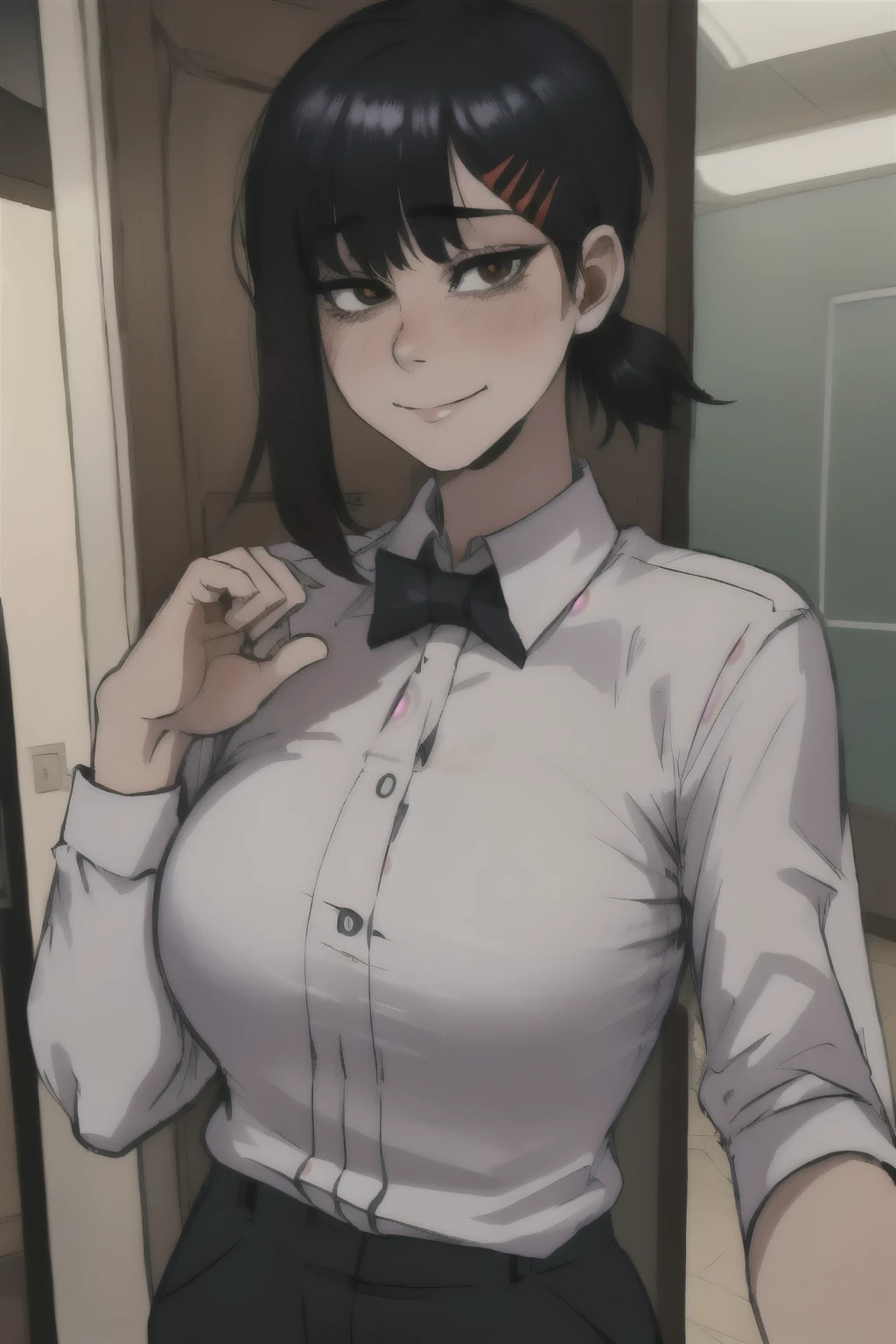 masterpiece, Best quality, Ultra detailed, illustration, epic lighting, cinematic composition, isometric, 1 girl, One, Cute, Brown eyes, black hair, combed bangs, single sidelock, red hairclip, white collared shirt, black tie, black trousers, formal, charming look, Charming pose, indoors, office, door, opening door, I look at the viewer, upper body peeking, blush, seductive smile, closed mouth,(8 k:1.1),