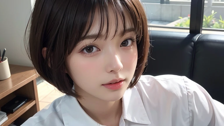 (bob cut hair:1.2),(Dressed in business casual:1.2),1 girl,Japanese,28 years old,(small breasts:1.3),(highest quality,masterpiece:1.3,超A high resolution,),(Super detailed,caustics),(Photoreal:1.4,RAW shooting,)ultra-realistic capture,very detailed,High resolution 16K human skin close-up。 natural skin texture、,The pores are、、、、、、、It should be detailed enough to be easily identifiable。 Skin should be even-toned and healthy looking。 Use natural light and color, sad expression, look at the camera, perfect dynamic composition, office
