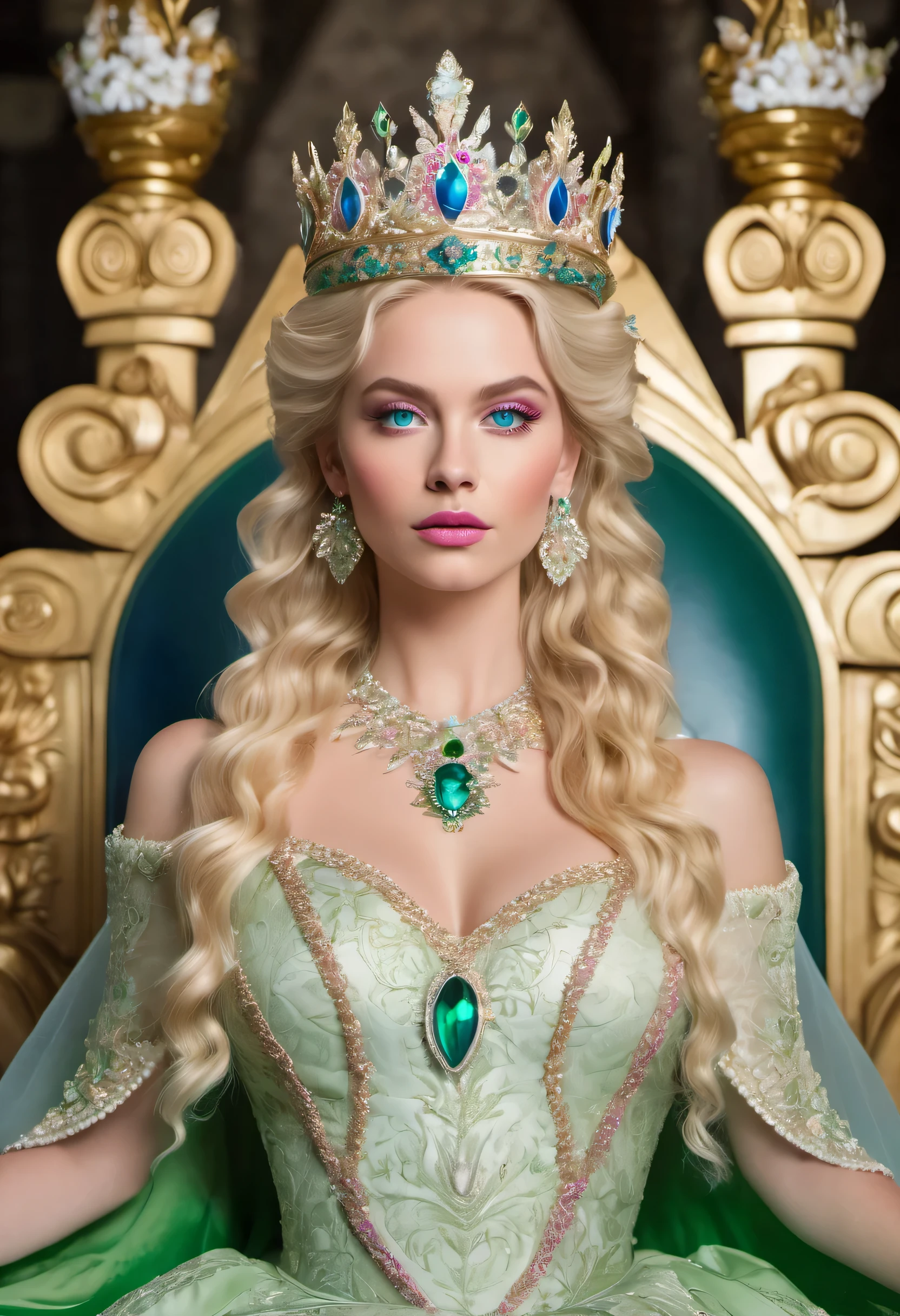 A beautiful queen setting on thron, blue detailed eyes, blonde detailed hair, pink jusice lips, white skin wearing crown, beautiful white and green dress. ((sexy appearance))