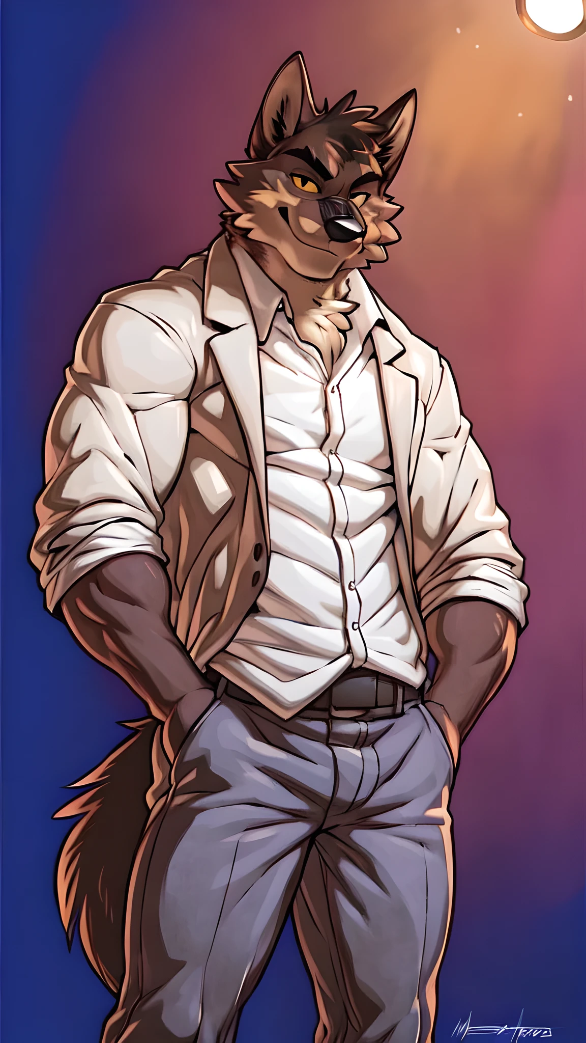 mr wolf, 4k, high resolution, best quality, detailed, posted on e621, solo, anthro body, masculine, male, (very muscular, defined muscles):1, (plain background, explosive background:1.1), correct anatomy, (detailed eyes:1.1), sexy, (cel shaded, cartoony shading, strong shadows, dramatic lighting):1.3, confident, (by wfa, by takemoto arashi, by meesh, by Taran Fiddler), strong, (half body, upper body), tight clothes, white shirt, confident