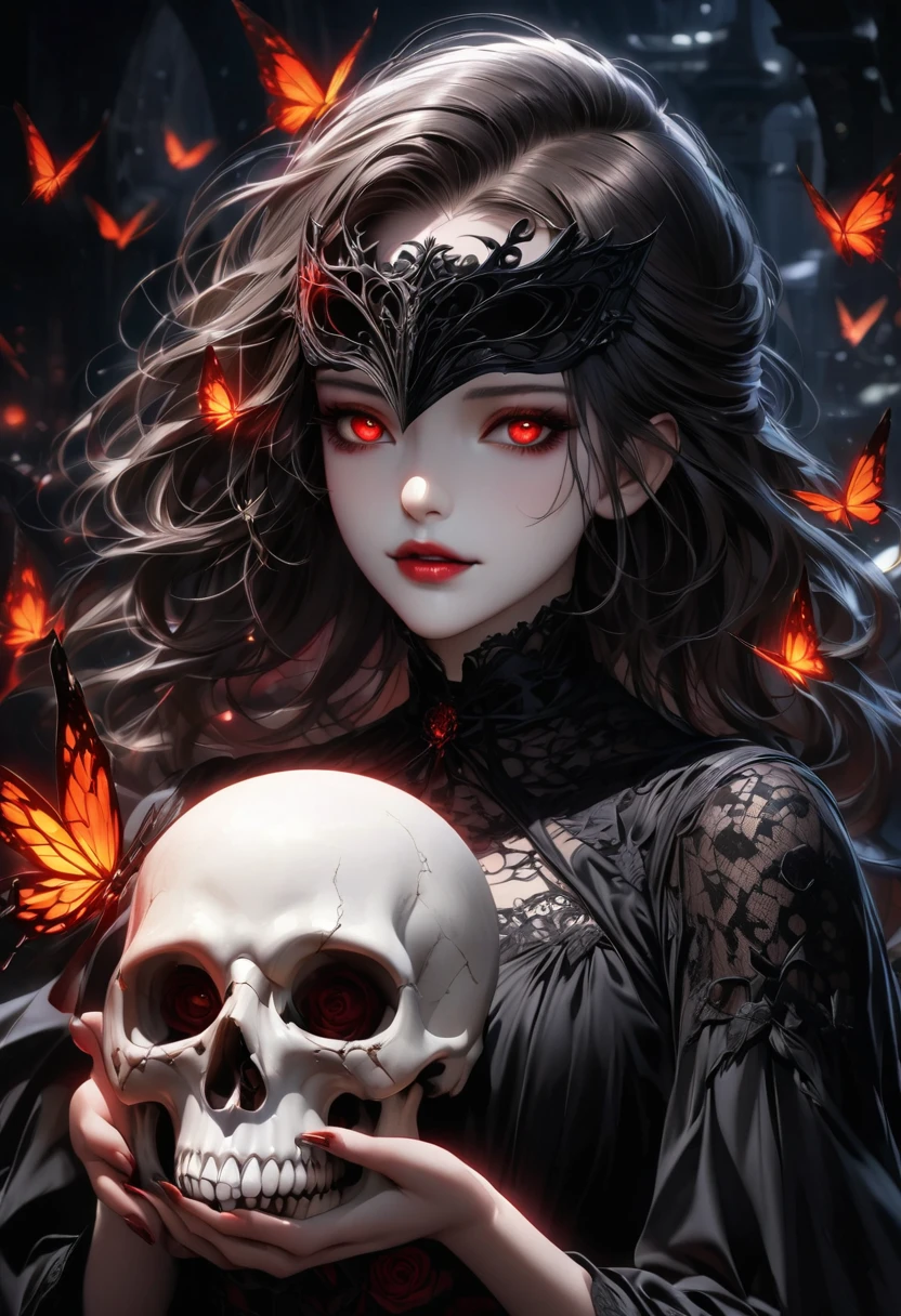 In a gothic art style, depict a  wearing a mask. She is wearing a lace long dress and holding a skull bone in her hands. The atmosphere is eerie and terrifying, with burning butterflies flying around. There is also a thorn-covered rose nearby. The girl has an angelic yet devilish appearance, with detailed eyes and lips. The lighting should be dim and mysterious. The image should be of the best quality, with ultra-detailed and photorealistic details, vivid colors, and a touch of bokeh.