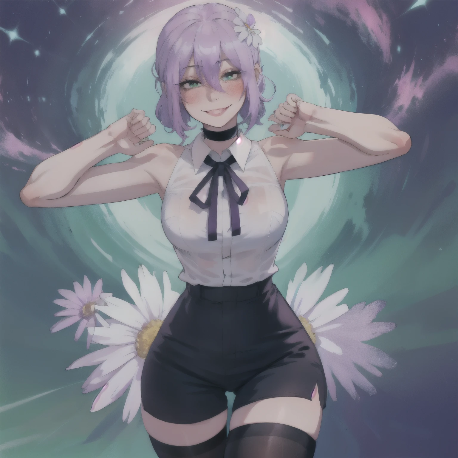 violet, violet hair,  hair between eyes, green eyes, shirt, ((white shirt)), tie, black tie, flower, white flower, flowers in hand, (Best quality:1.0), (ultra high resolution:1.0), head focus, selfie, 1 girl, very thin, detailed beautiful skin, pink on face,(blush), young girl, silver ring, cause shocks, black shorts, black tights, tights, school, Class, Class background, Medium breasts, Cute, Cute face, sweet, sweet smile, warm light