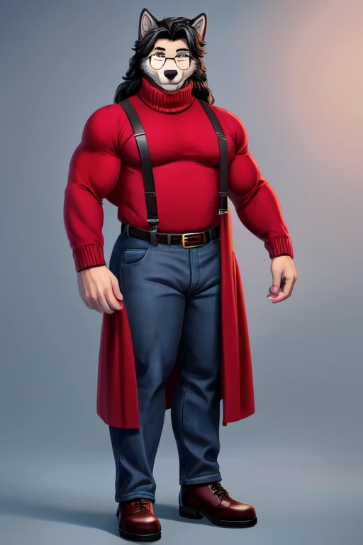 Furry, anthropomorphic wolf, light gray fur, yellow eyes, black hair, wearing glasses, 6'4 and 192 lbs, 43" chest, 19" shoulders, 14" biceps, 33" waist, 23" thighs, 15" calves, 18" back, thirty years old, in their prime, wearing brown sweater, turtleneck sweater, wearing black suspenders, wearing blue jeans, wearing red leather belt, wearing black shoes, soft colors, vivid colors, pastel colors, soft shading 8