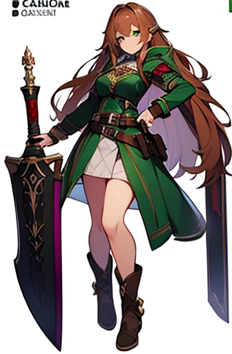 (((Best Quality))) , ((full body)), adult female, high fantasy outfit, reference sheet, solo, (white background), holding weapon, belt, green, violet, brown, white, maroon,