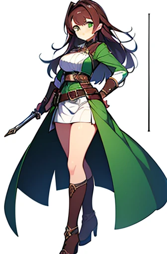 (((Best Quality))) , ((full body)), adult female, high fantasy outfit, reference sheet, solo, (white background), holding weapon, belt,  green, violet, brown, white, maroon,
