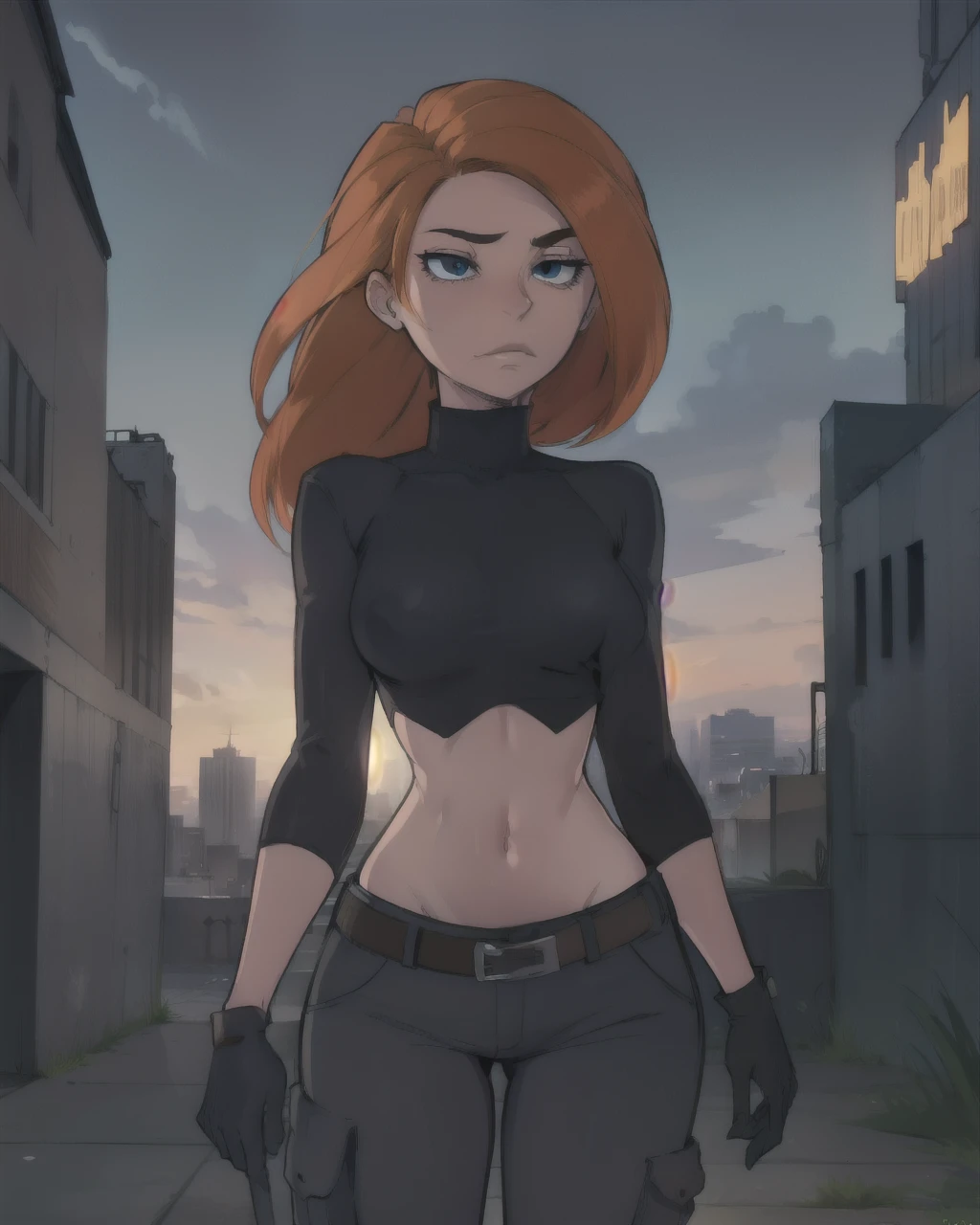 comic portrayal of Kim Five Possible, long hair, black turtleneck, sleeves, gloves, navel, cargo pants, safety belt, city background, epic, dynamic shadows, cinematic lighting, daylight, A warm summer day, hatching, 2D, spicy, detailed, HD, HDR, high quality, A high resolution, masterpiece