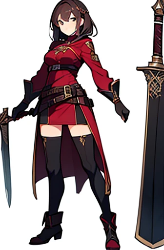 (((Best Quality))) , ((full body)), adult female, high fantasy outfit, reference sheet, solo, (white background), holding weapon, belt,  maroon,
