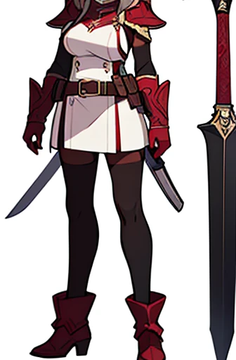 (((Best Quality))) , ((full body)), adult female, high fantasy outfit, reference sheet, solo, (white background), holding weapon, belt, maroon,