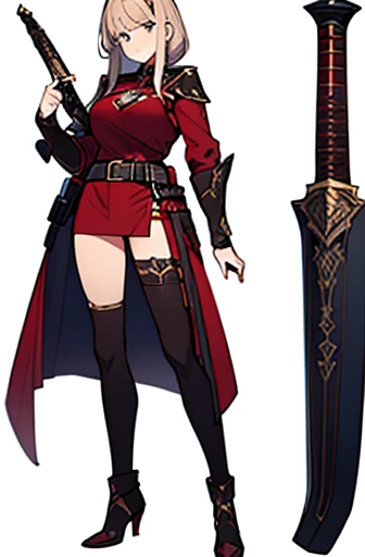 (((Best Quality))) , ((full body)), adult female, high fantasy outfit, reference sheet, solo, (white background), holding weapon, belt, maroon,