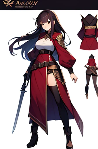 (((Best Quality))) , ((full body)), adult female, high fantasy outfit, reference sheet, solo, (white background), holding weapon, belt, maroon,