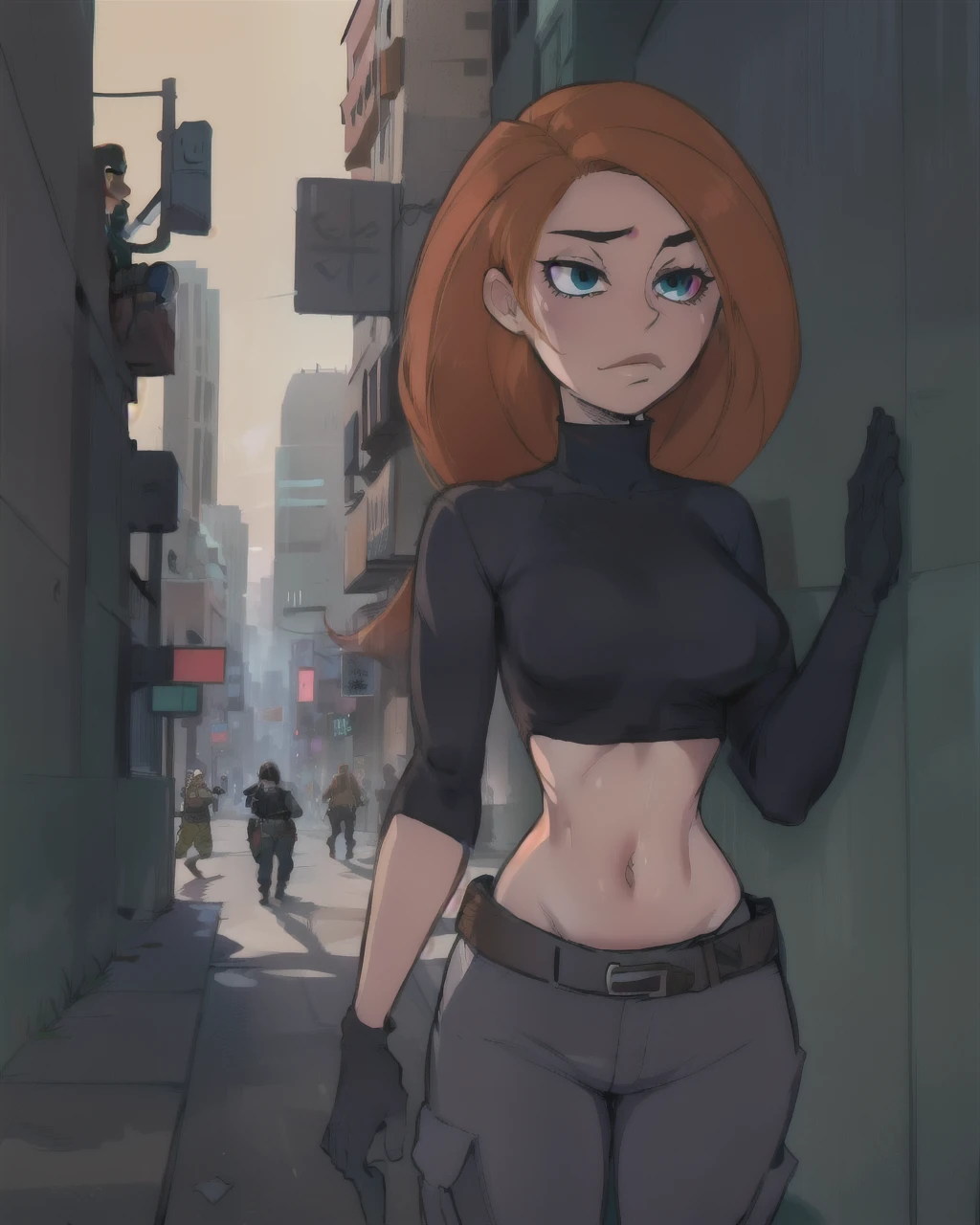 comic portrayal of Kim Five Possible, long hair, black turtleneck, sleeves, gloves, navel, cargo pants, safety belt, city background, epic, dynamic shadows, cinematic lighting, daylight, A warm summer day, hatching, 2D, spicy, detailed, HD, HDR, high quality, A high resolution, masterpiece