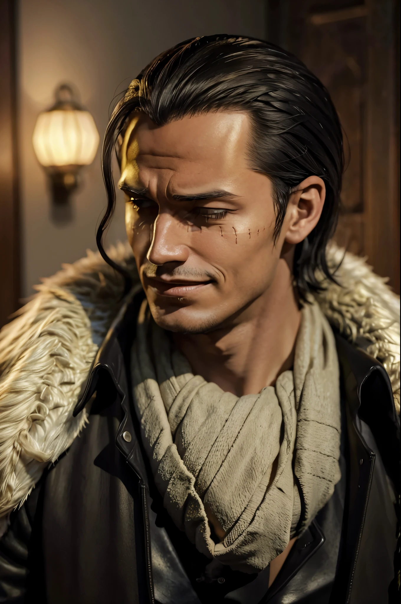 masterpiece, best quality, extremely detailed, hyperrealistic, photorealistic, a cool 40s man, ultra detailed face:1.2, fur-trimmed coat, scarf around the neck, his left hand is a golden pirate hook:1.1, japanese style room:1.3, sly smile
