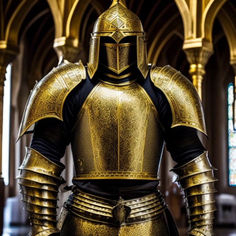 Heavily armored knight, masterpiece, medieval, detailed armor, fantastic armor, golden armor, in a mosque, amazing and unique sword in his hand,