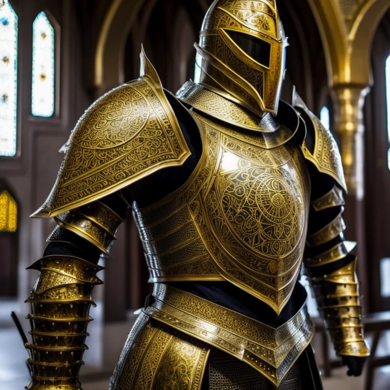 Heavily armored knight, masterpiece, medieval, detailed armor, fantastic armor, golden armor, in a mosque, amazing and unique sword in his hand,