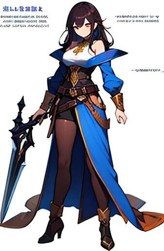 (((Best Quality))) , ((full body)), adult female, high fantasy outfit, reference sheet, solo, (white background), holding weapon, belt, blue, orange, green, violet, brown, white, maroon,