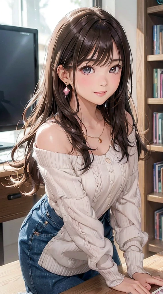 (on the table: 1.3), (maximum resolution: 1.2), (ultra high definition tv: 1.2), movie lighting, ultra high definition tv, (delicate eyes and skin), (detailed facial features), North African Free Trade Area, 8K resolution, sharp focus: 1.2, perfect style, cute face, perfect body, Accurate, anatomically correct, Highly detailed face and skin texture, delicate eyes, dark blue eyes, double eyelid, thin eyebrows, glitter eyeliner: 1.2, natural cheeks, shiny skin, white skin: 1.2, sparkly necklace and earrings, (glossy lips: 1.4), rest, one person&#39;point of view, (She is a very cute female teacher), (Sexy pink lace), (smile: 1.2), ((innocent and cute girl:1.3)), (long wavy hair), (light brown hair:1.2),  , rest, ((very close relationship: 1.2)), Moderate, ((looking at the audience:1.2)), ((library 1.2)), ((bend your knees:1.2)), (From the side:1.2),low angle shot,off shoulder sweater　Skinny denim mini skirt　embarrassed look　Kamimei