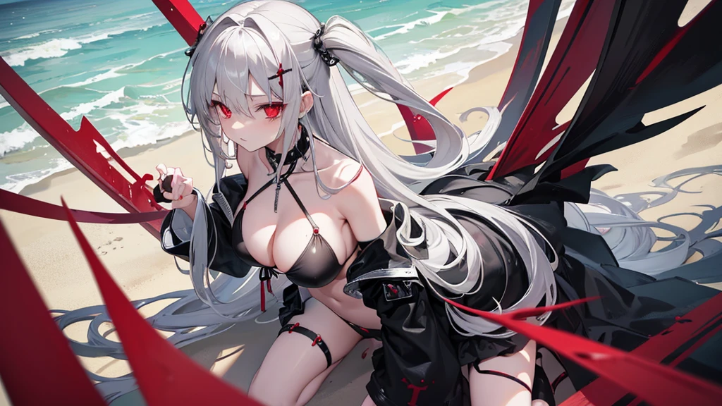 Long gray hair,blood red eyes,Necklace with cross,Wearing a black and white goth bikini,beach,beach球,Woman on top position