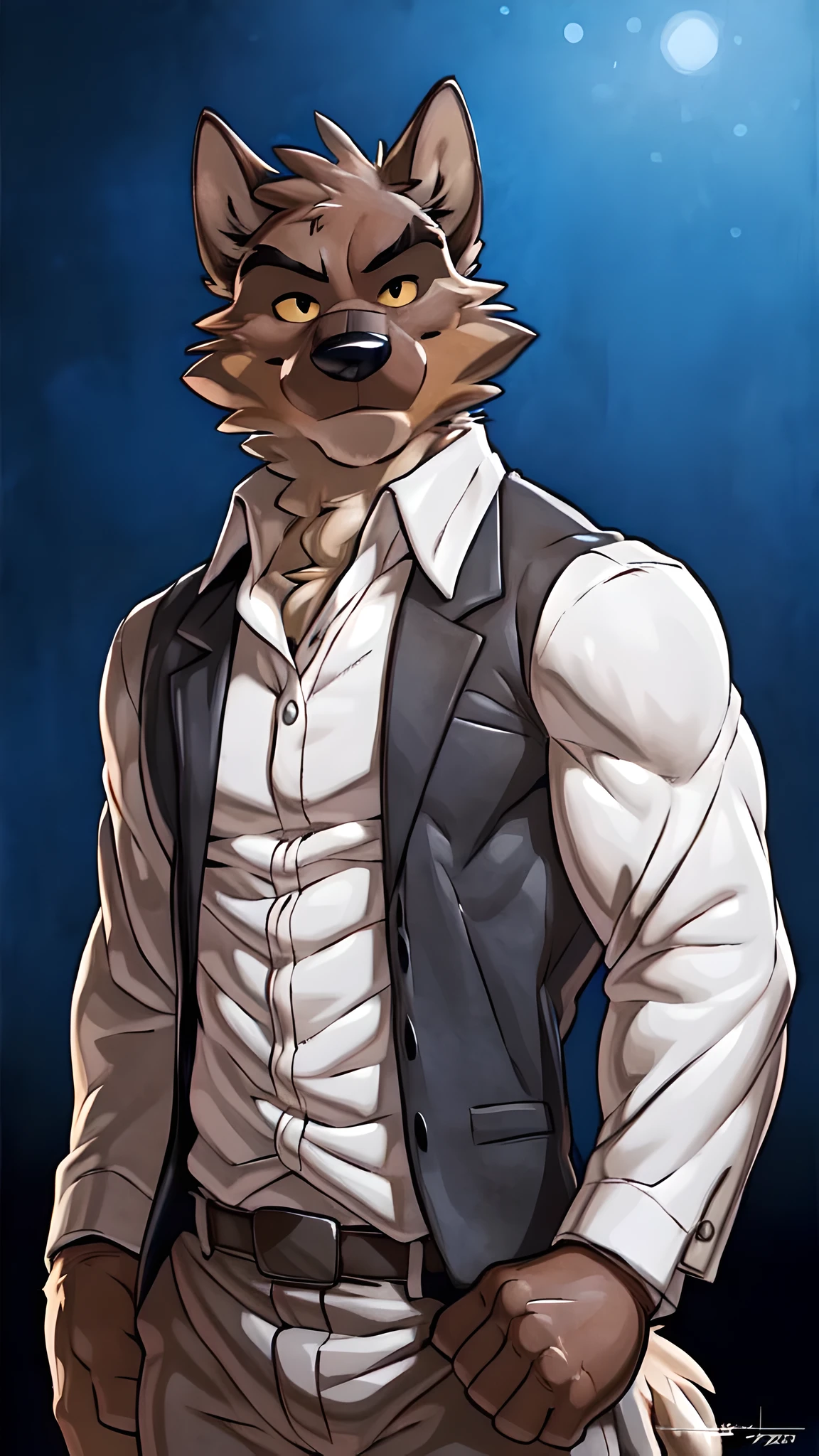 mr wolf, 4k, high resolution, best quality, detailed, posted on e621, solo, anthro body, masculine, male, (very muscular, defined muscles):1, (plain background, explosive background:1.1), correct anatomy, (detailed eyes:1.1), sexy, (cel shaded, cartoony shading, strong shadows, dramatic lighting):1.3, confident, (by wfa, by takemoto arashi, by meesh, by Taran Fiddler), strong, (half body, upper body), (tight clothes, white shirt, black vest):1.2, belt, confident