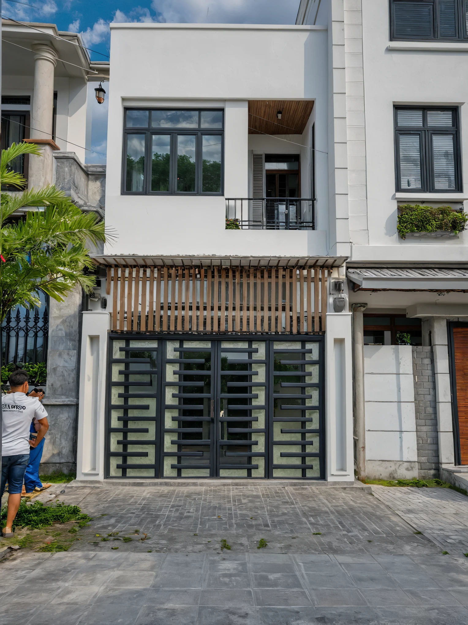 Masterpiece, high quality, best quality, authentic, super detailed, outdoor, one-story villa, aiaigroup, modern house style on the street, stairs, white wall, road, sidewalk, grass , tree, sky, cloud, black window (daylight: 1.1)