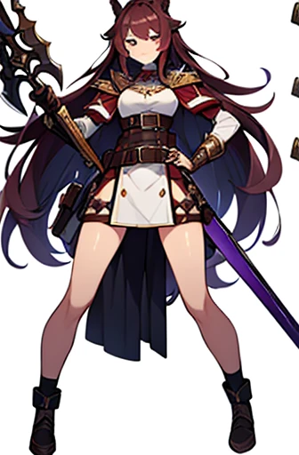 (((Best Quality))) , ((full body)), adult female, high fantasy outfit, reference sheet, solo, (white background), holding weapon, belt, violet, brown, white, maroon,