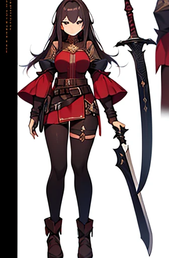 (((Best Quality))) , ((full body)), adult female, high fantasy outfit, reference sheet, solo, (white background), holding weapon, belt, violet, brown, white, maroon,